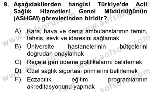 Afet Yönetiminde Sağlık Hizmetleri Dersi 2025 - 2026 Yılı (Final) Dönem Sonu Sınav Soruları 9. Soru