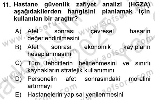 Afet Yönetiminde Sağlık Hizmetleri Dersi 2025 - 2026 Yılı Yaz Okulu Sınav Soruları 11. Soru