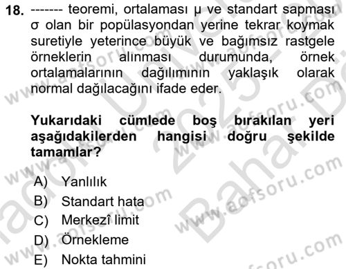 Veri Analizi Ve Değerlendirme Dersi 2025 - 2026 Yılı (Vize) Ara Sınav Soruları 18. Soru