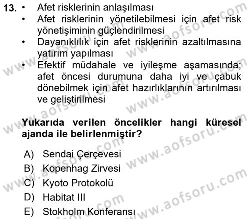 Sürdürülebilir Kentsel Dayanıklılık Dersi 2023 - 2024 Yılı (Vize) Ara Sınav Soruları 13. Soru