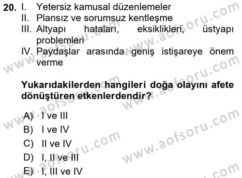 Sürdürülebilir Kentsel Dayanıklılık Dersi 2023 - 2024 Yılı (Vize) Ara Sınav Soruları 20. Soru