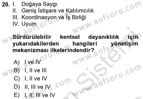 Sürdürülebilir Kentsel Dayanıklılık Dersi 2024 - 2025 Yılı (Final) Dönem Sonu Sınav Soruları 20. Soru