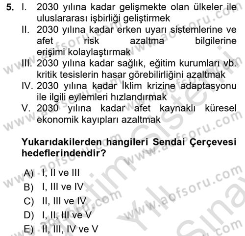 Sürdürülebilir Kentsel Dayanıklılık Dersi 2024 - 2025 Yılı (Final) Dönem Sonu Sınav Soruları 5. Soru