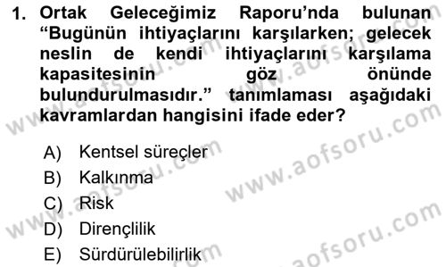 Sürdürülebilir Kentsel Dayanıklılık Dersi 2024 - 2025 Yılı Yaz Okulu Sınav Soruları 1. Soru