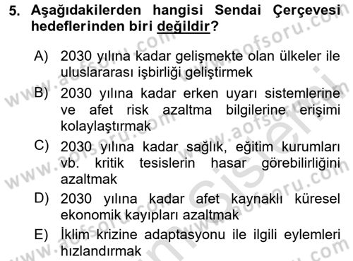 Sürdürülebilir Kentsel Dayanıklılık Dersi 2024 - 2025 Yılı Yaz Okulu Sınav Soruları 5. Soru