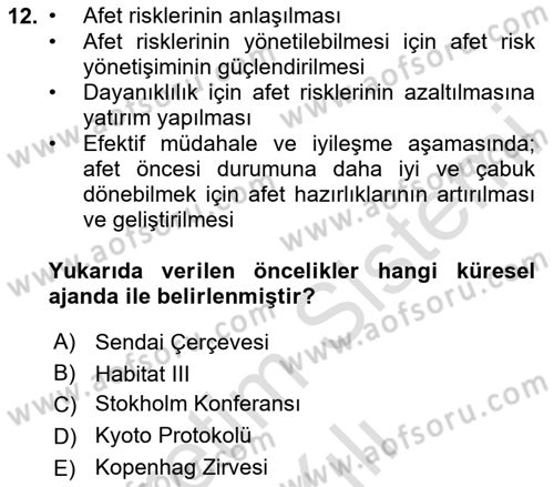 Sürdürülebilir Kentsel Dayanıklılık Dersi 2025 - 2026 Yılı (Vize) Ara Sınav Soruları 12. Soru