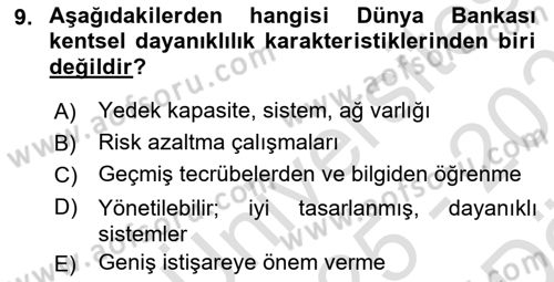 Sürdürülebilir Kentsel Dayanıklılık Dersi 2025 - 2026 Yılı (Vize) Ara Sınav Soruları 9. Soru