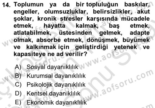 Sürdürülebilir Kentsel Dayanıklılık Dersi 2025 - 2026 Yılı (Final) Dönem Sonu Sınav Soruları 14. Soru