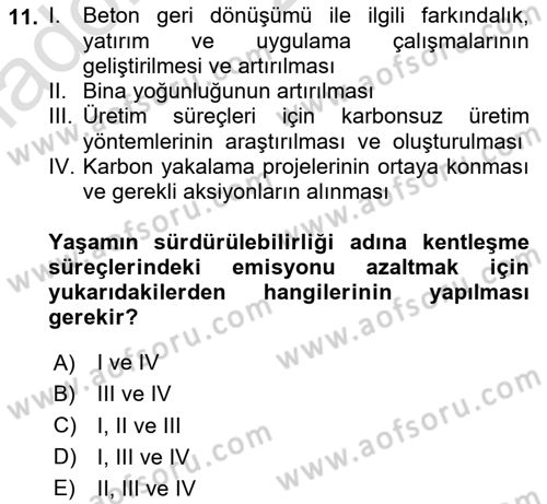 Sürdürülebilir Kentsel Dayanıklılık Dersi 2025 - 2026 Yılı Yaz Okulu Sınav Soruları 11. Soru