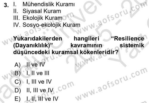 Sürdürülebilir Kentsel Dayanıklılık Dersi 2025 - 2026 Yılı Yaz Okulu Sınav Soruları 3. Soru