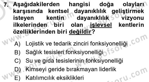 Sürdürülebilir Kentsel Dayanıklılık Dersi 2025 - 2026 Yılı Yaz Okulu Sınav Soruları 7. Soru
