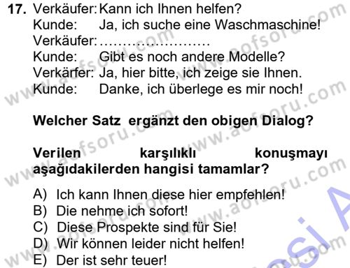Almanca 1 Dersi 2012 - 2013 Yılı (Final) Dönem Sonu Sınav Soruları 17. Soru