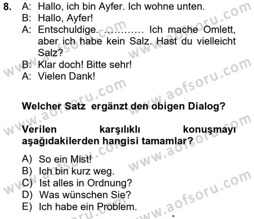 Almanca 1 Dersi 2012 - 2013 Yılı (Final) Dönem Sonu Sınav Soruları 8. Soru