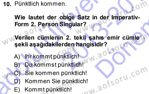 Almanca 1 Dersi 2013 - 2014 Yılı (Final) Dönem Sonu Sınav Soruları 10. Soru