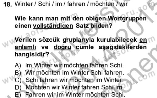 Almanca 1 Dersi 2014 - 2015 Yılı (Final) Dönem Sonu Sınav Soruları 18. Soru