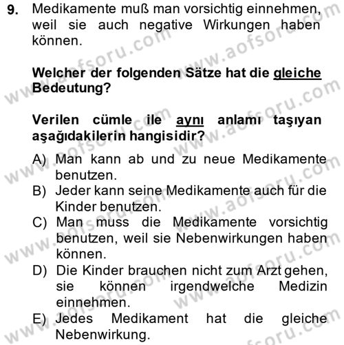 Almanca 1 Dersi 2014 - 2015 Yılı (Final) Dönem Sonu Sınav Soruları 9. Soru