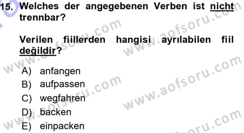 Almanca 1 Dersi 2015 - 2016 Yılı (Vize) Ara Sınav Soruları 15. Soru