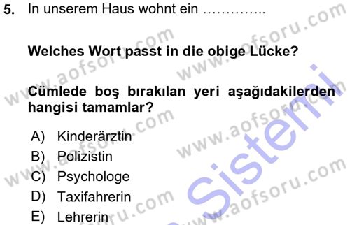 Almanca 1 Dersi 2015 - 2016 Yılı (Vize) Ara Sınav Soruları 5. Soru