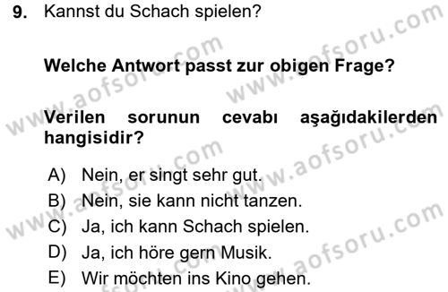 Almanca 1 Dersi 2015 - 2016 Yılı (Vize) Ara Sınav Soruları 9. Soru
