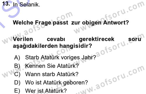 Almanca 1 Dersi 2015 - 2016 Yılı (Final) Dönem Sonu Sınav Soruları 13. Soru