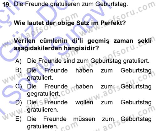 Almanca 1 Dersi 2015 - 2016 Yılı (Final) Dönem Sonu Sınav Soruları 19. Soru