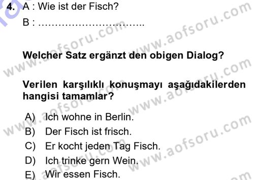 Almanca 1 Dersi 2015 - 2016 Yılı (Final) Dönem Sonu Sınav Soruları 4. Soru