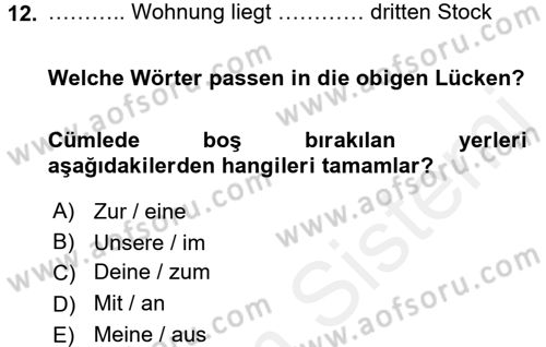 Almanca 1 Dersi 2015 - 2016 Yılı Tek Ders Sınav Soruları 12. Soru