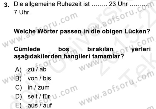 Almanca 1 Dersi 2015 - 2016 Yılı Tek Ders Sınav Soruları 3. Soru