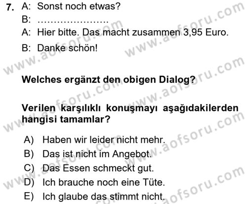 Almanca 1 Dersi 2015 - 2016 Yılı Tek Ders Sınav Soruları 7. Soru