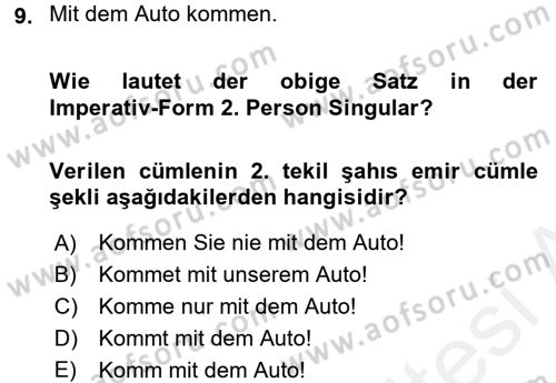 Almanca 1 Dersi 2015 - 2016 Yılı Tek Ders Sınav Soruları 9. Soru