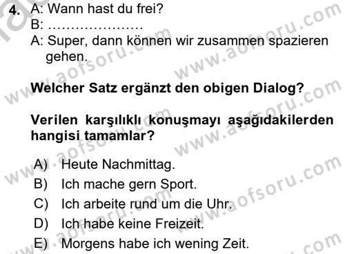 Almanca 1 Dersi 2016 - 2017 Yılı 3 Ders Sınav Soruları 4. Soru