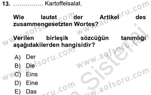 Almanca 1 Dersi 2016 - 2017 Yılı (Vize) Ara Sınav Soruları 13. Soru