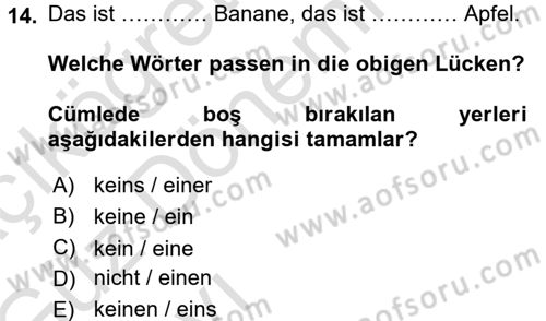 Almanca 1 Dersi 2016 - 2017 Yılı (Vize) Ara Sınav Soruları 14. Soru