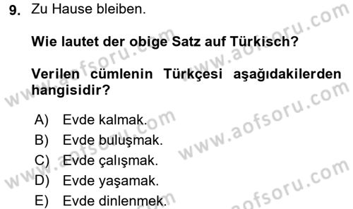 Almanca 1 Dersi 2016 - 2017 Yılı (Vize) Ara Sınav Soruları 9. Soru