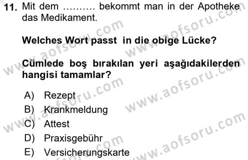 Almanca 1 Dersi 2016 - 2017 Yılı (Final) Dönem Sonu Sınav Soruları 11. Soru