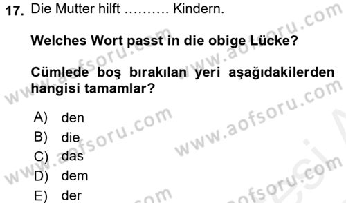 Almanca 1 Dersi 2016 - 2017 Yılı (Final) Dönem Sonu Sınav Soruları 17. Soru
