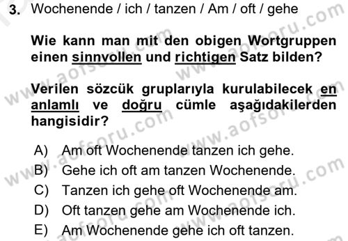 Almanca 1 Dersi 2016 - 2017 Yılı (Final) Dönem Sonu Sınav Soruları 3. Soru