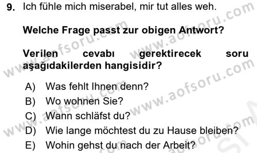 Almanca 1 Dersi 2016 - 2017 Yılı (Final) Dönem Sonu Sınav Soruları 9. Soru