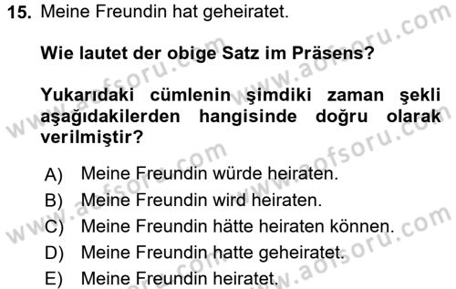 Almanca 1 Dersi 2017 - 2018 Yılı 3 Ders Sınav Soruları 15. Soru