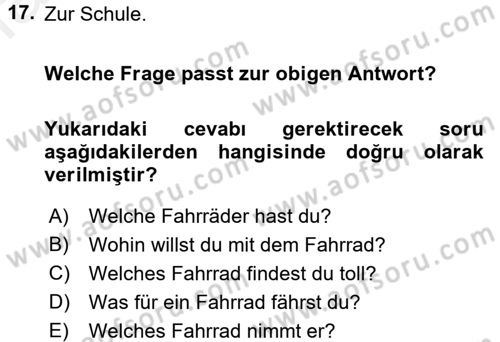 Almanca 1 Dersi 2017 - 2018 Yılı 3 Ders Sınav Soruları 17. Soru