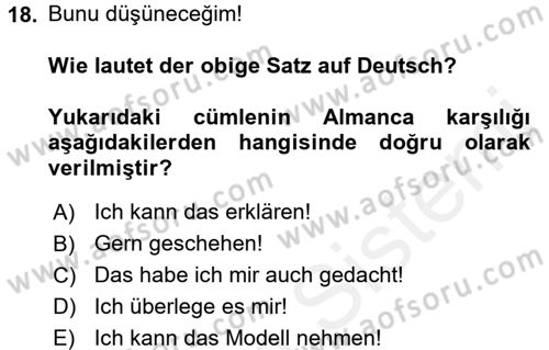Almanca 1 Dersi 2017 - 2018 Yılı 3 Ders Sınav Soruları 18. Soru