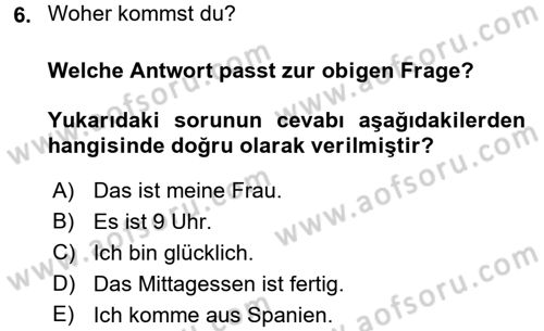 Almanca 1 Dersi 2017 - 2018 Yılı 3 Ders Sınav Soruları 6. Soru