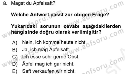 Almanca 1 Dersi 2017 - 2018 Yılı 3 Ders Sınav Soruları 8. Soru