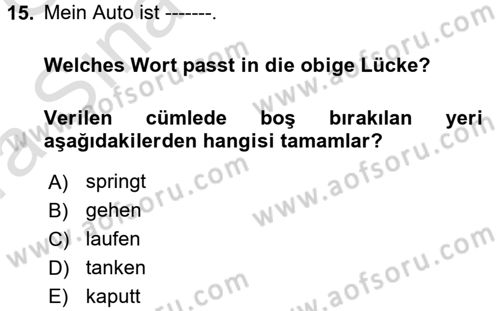 Almanca 1 Dersi 2017 - 2018 Yılı (Vize) Ara Sınav Soruları 15. Soru