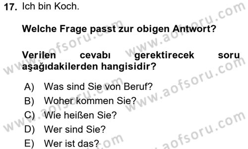 Almanca 1 Dersi 2017 - 2018 Yılı (Vize) Ara Sınav Soruları 17. Soru