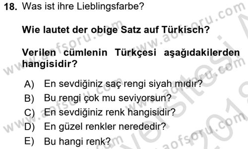 Almanca 1 Dersi 2017 - 2018 Yılı (Vize) Ara Sınav Soruları 18. Soru