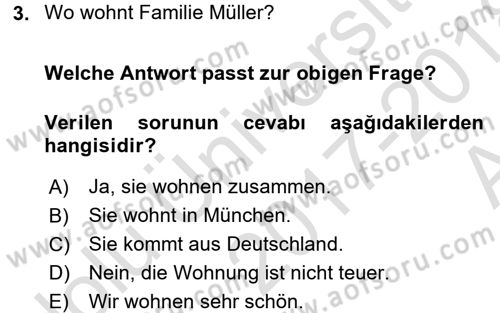 Almanca 1 Dersi 2017 - 2018 Yılı (Vize) Ara Sınav Soruları 3. Soru