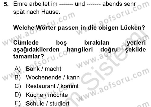 Almanca 1 Dersi 2017 - 2018 Yılı (Vize) Ara Sınav Soruları 5. Soru