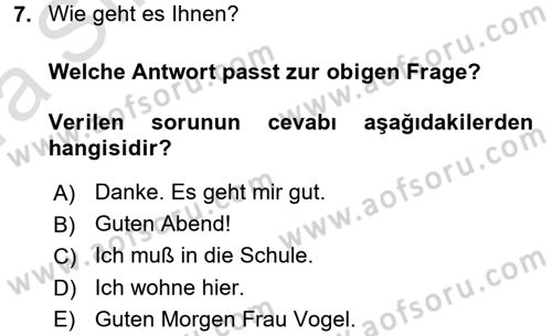 Almanca 1 Dersi 2017 - 2018 Yılı (Vize) Ara Sınav Soruları 7. Soru