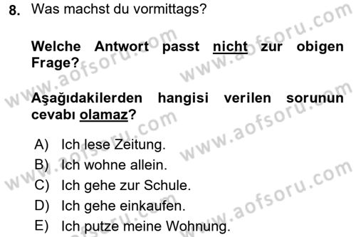 Almanca 1 Dersi 2017 - 2018 Yılı (Vize) Ara Sınav Soruları 8. Soru